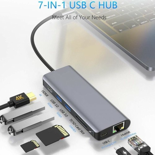 USB C 7 in 1 Multi Hub Adapter Expansion HDMI 4K &Giga RJ45 USB 3.0 for Laptop - Picture 2 of 8