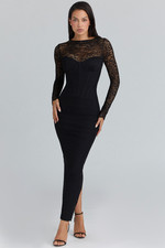 NEW, House of CB Shiloh Black Lace Long Sleeved Corset Maxi Dress Sz L #MD2657