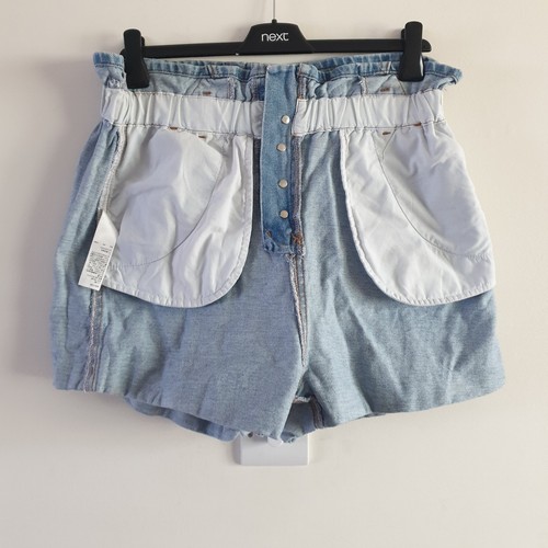 Topshop Mom Paperbag Elasticated Waist Blue Denim Shorts Size UK 14 VGC - Picture 17 of 20