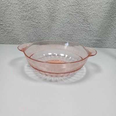 Vintage Pink Depression Glass Ribbed Serving Bowl with Handles Sunburst Base