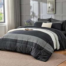 Queen Comforter Set 7 Pieces Bed in a Bag - Black White Grey Striped Lightweight