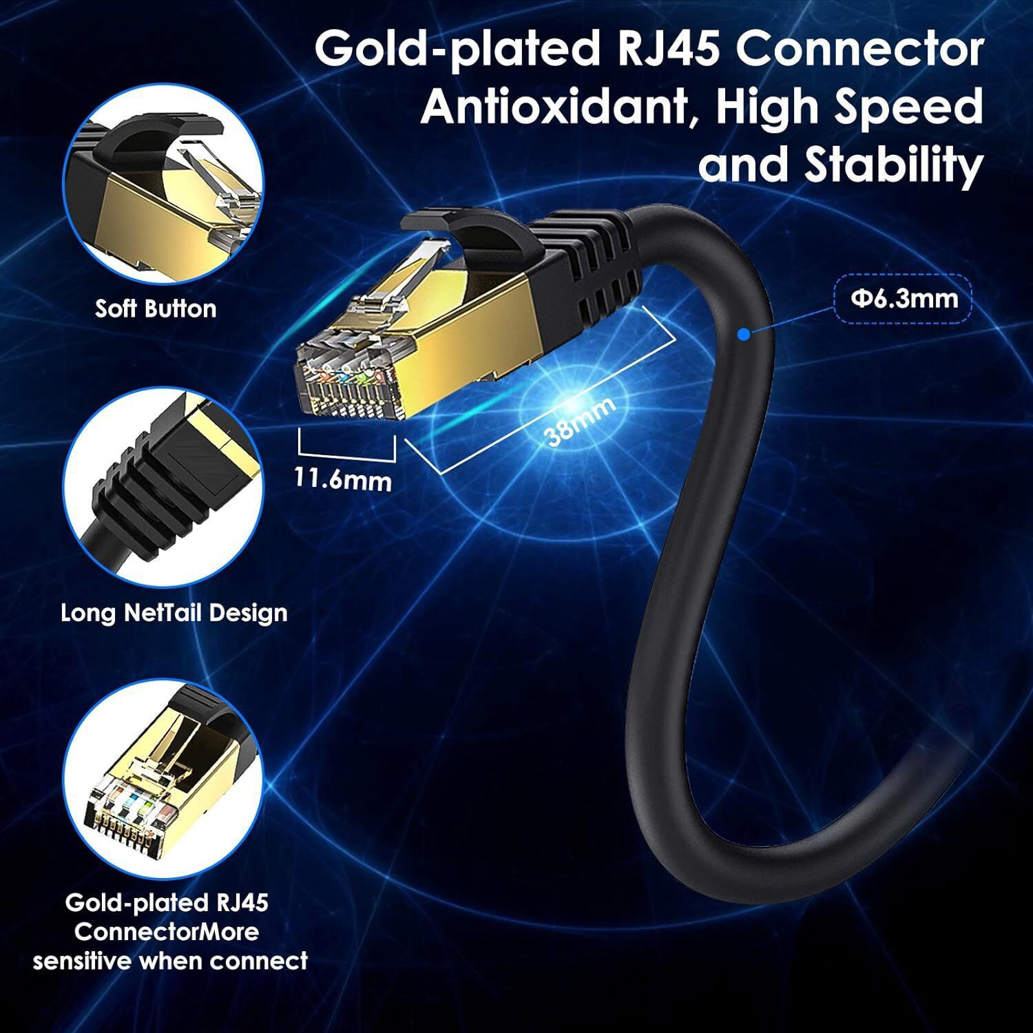 6FT-50FT Cat 8 Ethernet RJ45 Cable 40Gbps Patch LAN Patch Network Gold Plated
