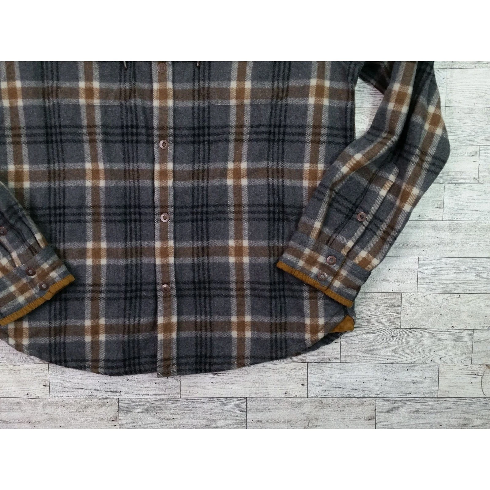 PrAna Asgard Men's L Gray Brown Plaid Hooded Flannel Jacket Snap Front image 5