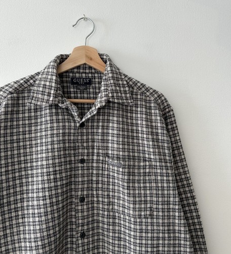 Vintage Guess Jeans Plaid Long Sleeve Button Up Heavy Flannel Shirt Gray White L - Picture 3 of 4