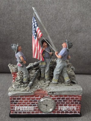 9/11 Firefighters Freedom Fighters USA Flag Raising Clock Figurine Ground Zero