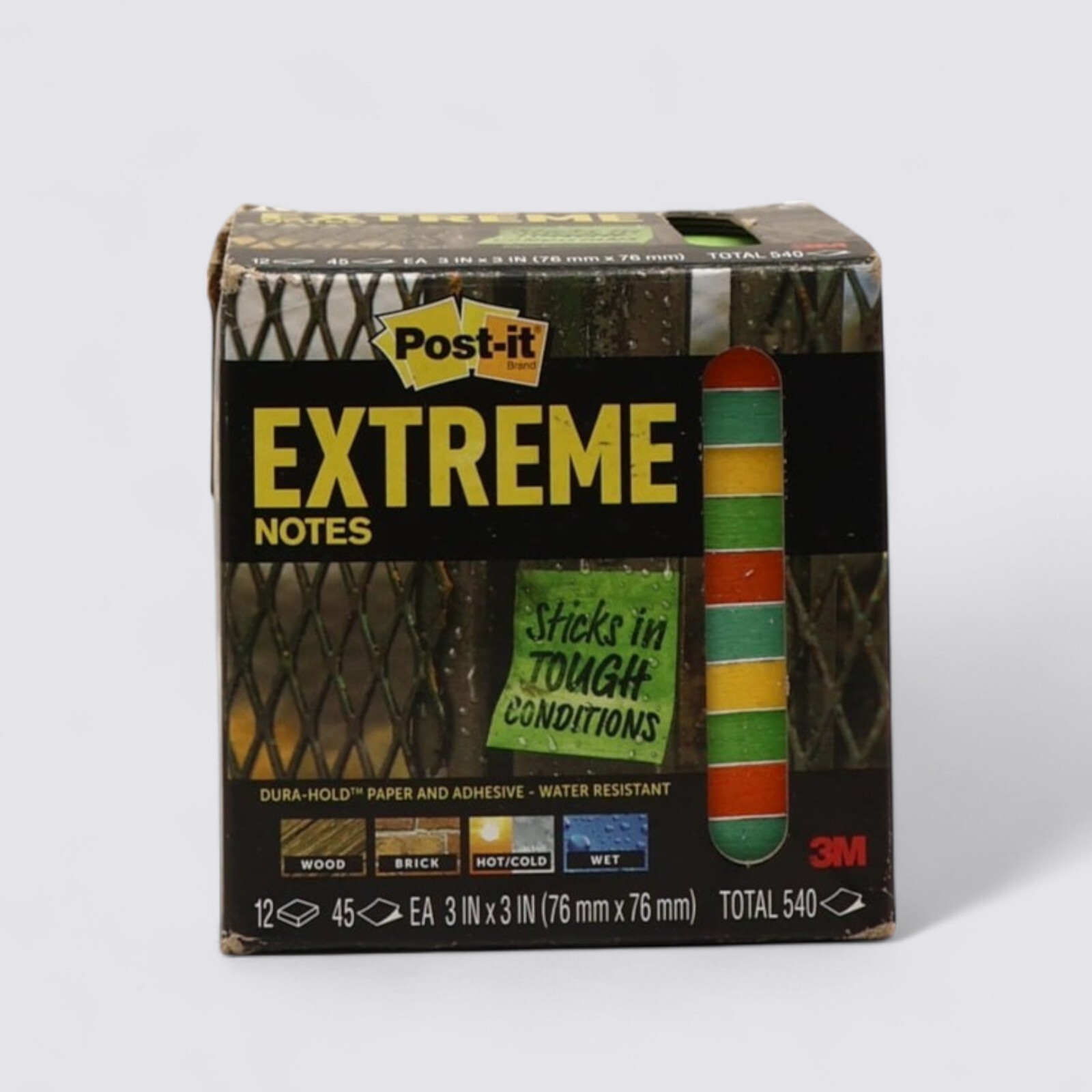 Post-it Extreme Water-Resistant Self-Stick Notes Multi-Color 3x3.  12 Pads.  540