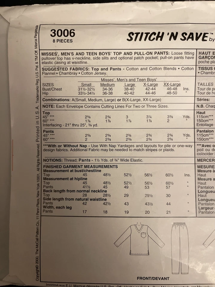Stitch n Save Pattern Top Pants Pajama Small Medium Large Unisex Precut 3006 - Image 3 of 4
