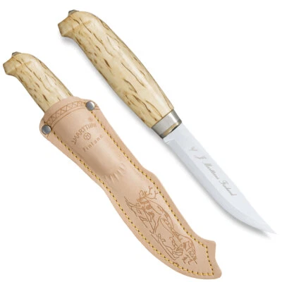 Marttiini Lynx 131 Messer mit rostfreier Klinge, Maserbirkengriff, Lederscheide