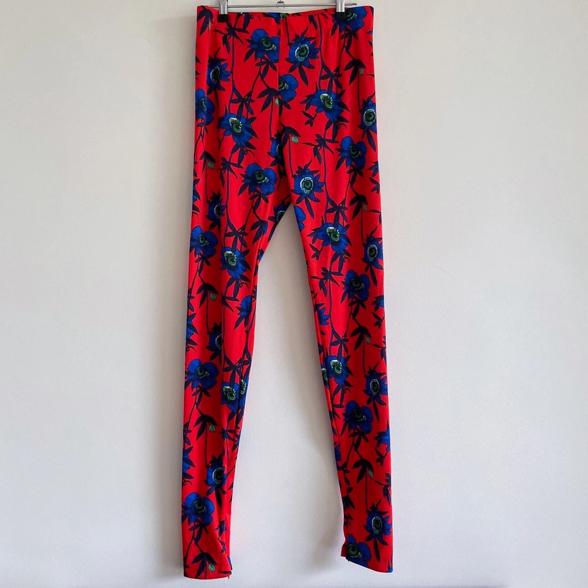 h & m h&m red blue floral leggings medium bold boho flower print zip ankle