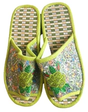 Green Floral Embroidered Shoe Slipper with Rubber Sole Size Large