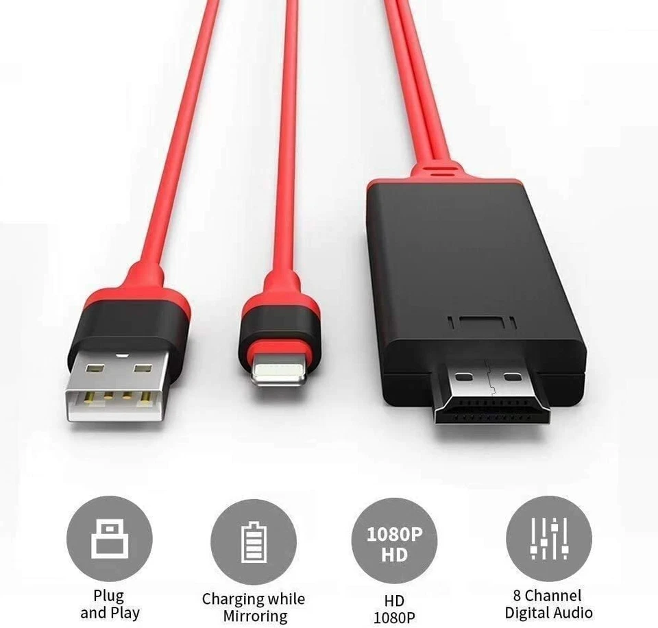 For iPhone iPad 1080P HDMI Mirroring AV Cable Phone to TV HDTV Adapter Sync Cord - Image 2 of 4