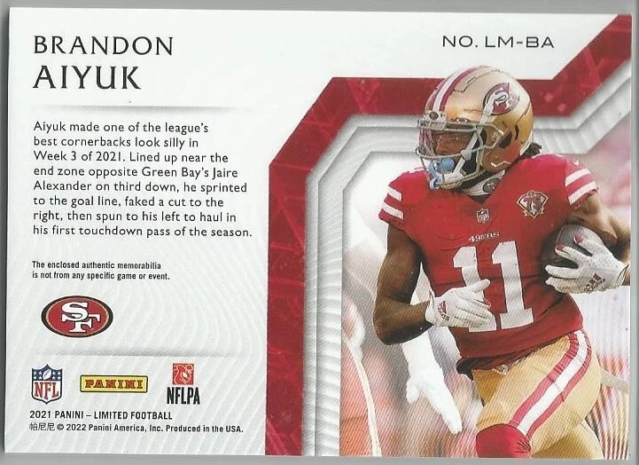 2021 Panini Limited Football Brandon Aiyuk Limitless Materials LM-BA Ruby 05/25 - Image 2 of 2