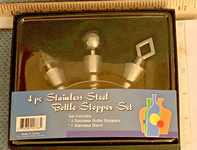 4pc Stainless Steel Btle Stopper Set, 3 stoppers, 1 stand in Original packaging