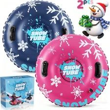 Inflatable Snow Tubes - 2 Pack Protable Winter Snow Sledding Toy with Handles an