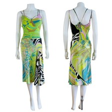 Vintage S/S 2004 Roberto Cavalli Geometrical Green Zebra Top Skirt Midi