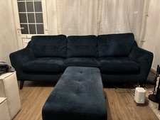 3 Seater Blue Velvet Sofa With Matching Footstool With Storage