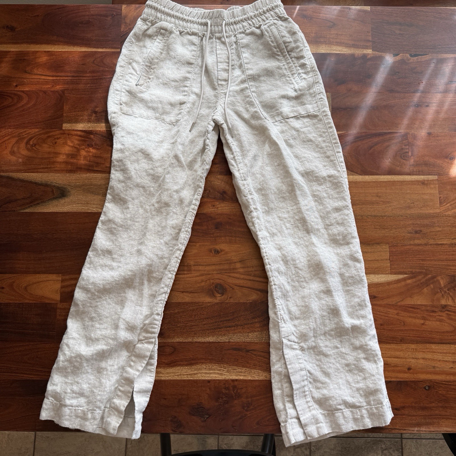 Athleta Women's Linen Wide-Leg Pants Beige Drawstring Elastic Waist XS