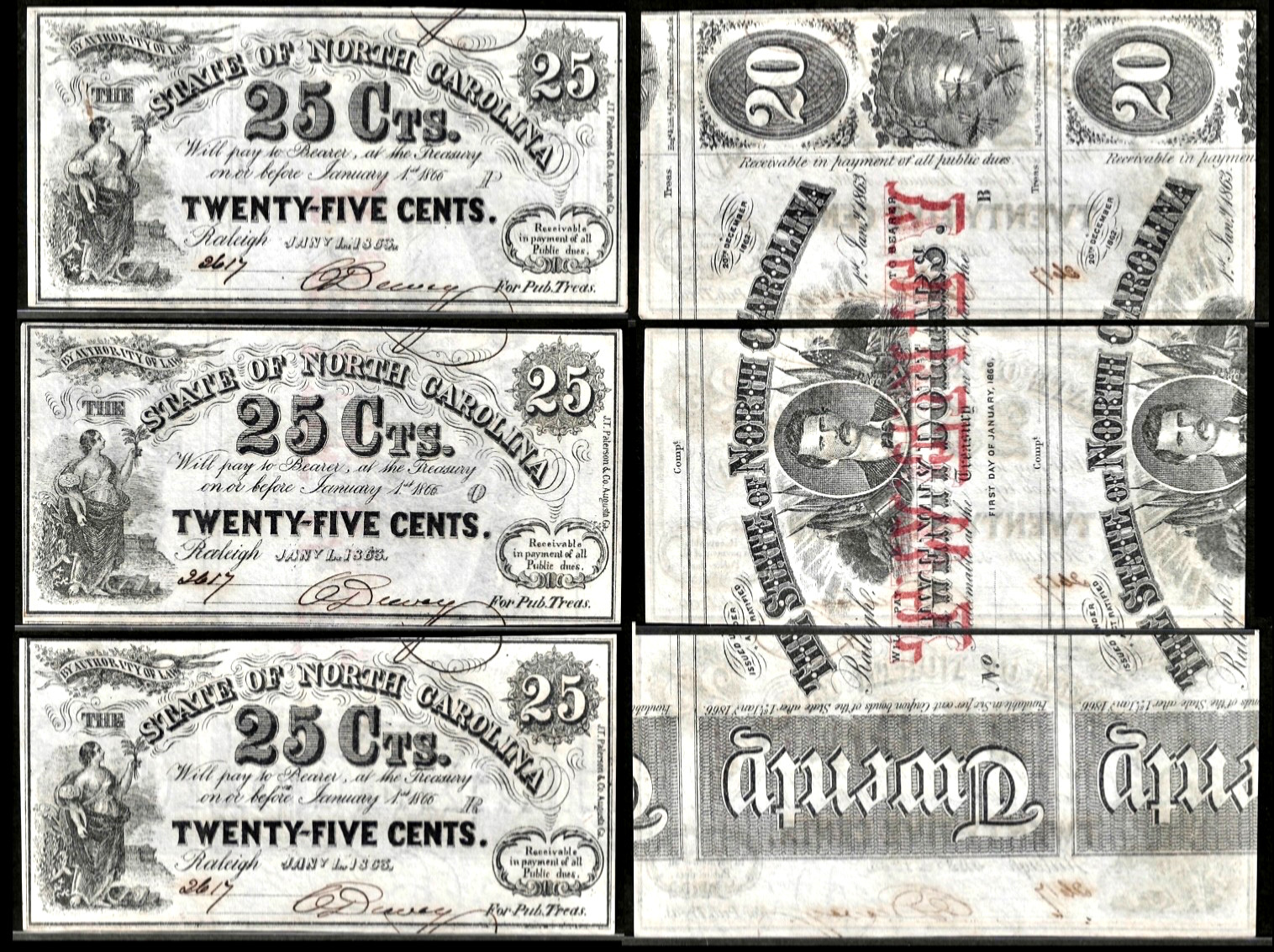 Cut Sheet Of (20) Jan 1, 1863 Raleigh NC State of North Carolina 25¢ S/N 2617