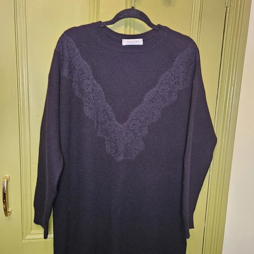 Abito Valentino Cashmere S.P.A.Magliato Pizzo Nero Maglione Vestito Oversize Taglia M