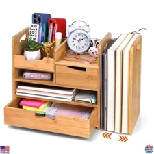 ZOOFOX Adjustable Bamboo Desk Organizer with Drawer - 4-Tier Mail & File Holder