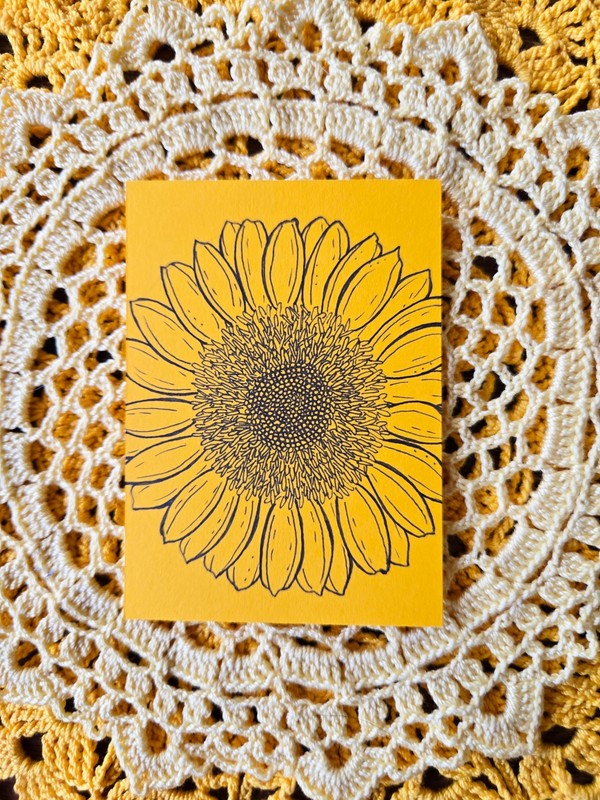 ACEO Original Art Ink Sunflower Drawing on Dark Yellow paper, floral nature mini