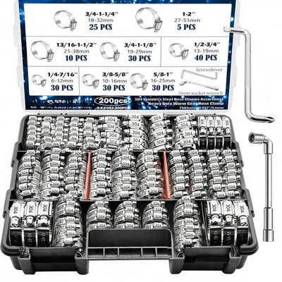 Hose Clamp Assortment 202PCS 304 Stainless Steel Hose Clamp Kit 1/4'' 2''(6-51mm) 