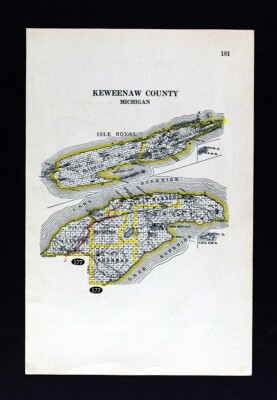 1917 Bowen Michigan Highway Map Keweenaw County Isle Royal