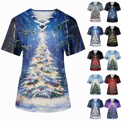 Plus SizePrinted Scrub Working Uniform Tops For Women's Cross V-Neck Halloween