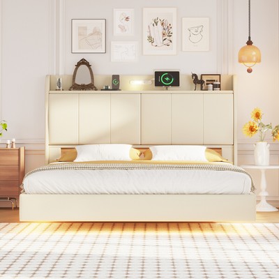 Queen Size Floating Bed Frame w/ Storage Headboard Upholstered Platform Bed USB