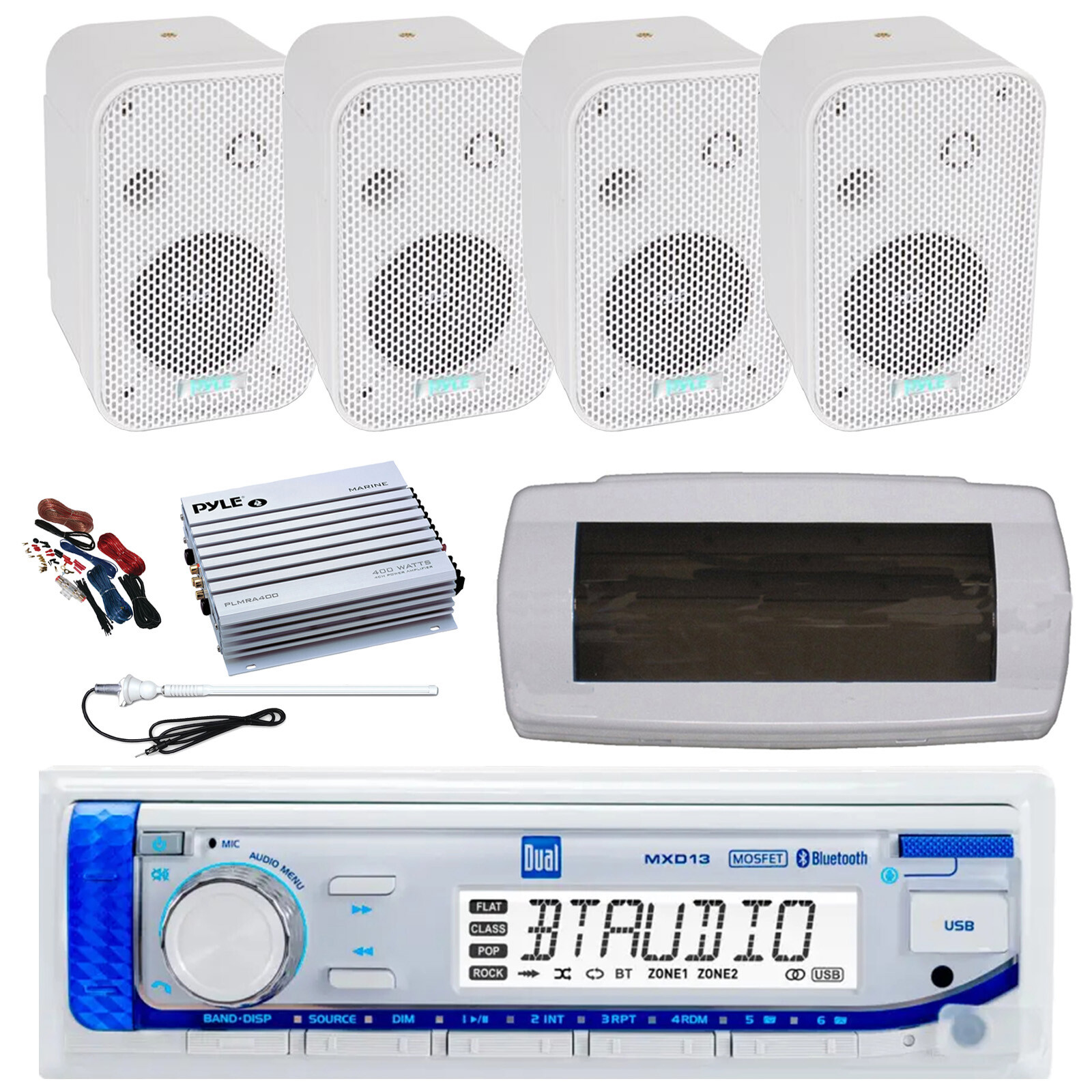 Dual Bluetooth Marine Radio Kit with Cover, Antenna, Amp, and 4x 3.5