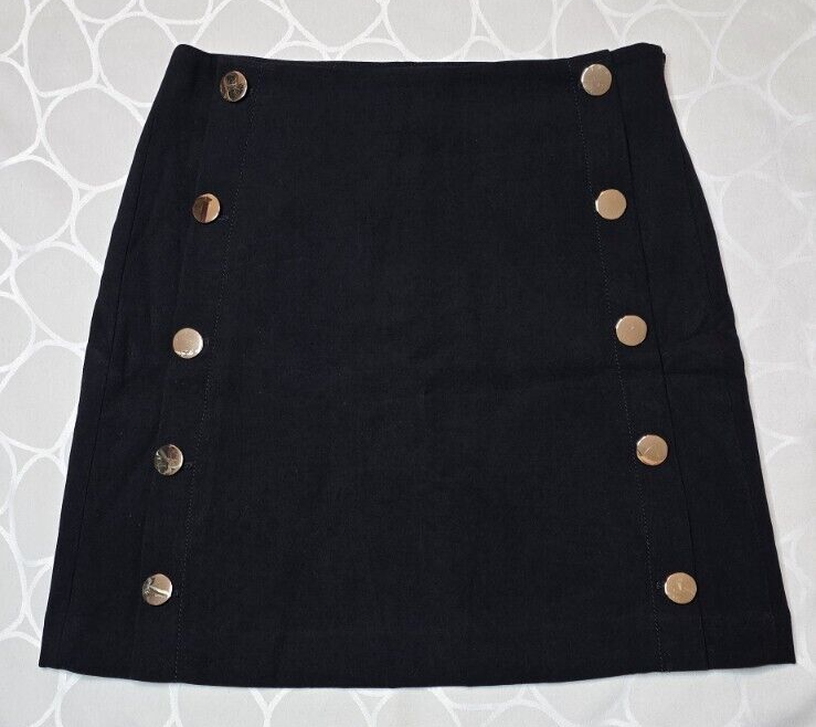Loft Mini Skirt 4 Black A-Line Gold Buttons Lined Side Zip Business Preppy-image