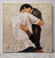 Romantic Couple Oil Painting – Figurative Textured Art Palette Knife Impasto
