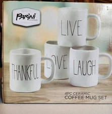Parini 4 Pcs Ceramic Coffee Mug Set Thankful Live Laugh Love New in Box