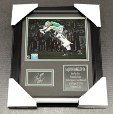 Saquon Barkley Hurdle LASER ENGRAVED AUTOGRAPHED Facsimile Framed 8x10 Photo