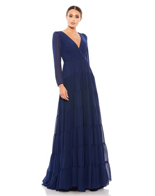 NWT  MAC DUGGAL Faux Wrap Illusion Sleeve Chiffon Tiered Gown Midnight Blue 10