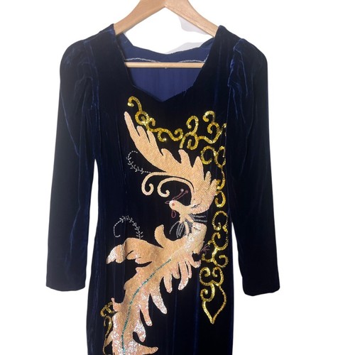 Vintage 80er Jahre Cheongsam blau Perlen Pailletten Samt Kleid S 2080 - Bild 2 von 10