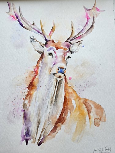 Original watercolour painting signed by Elle Smith Art of A Stag, wall art, - Picture 8 of 9