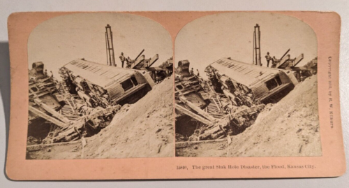 Kansas City Flood Stereoview Photo Kilburn 15840 Sink Hole Train Car - Picture 1 of 7