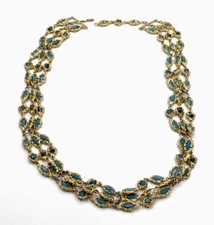 VTG Gold Tone Turquoise Glass Multi Strand Chunky Textured Statement Necklace