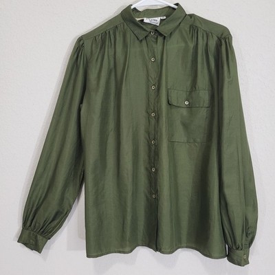 Vintage Silk Blouse Kenar Womens 12 Green Long Sleeve Button up 90s Office Shirt