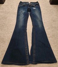 True Religion Raegan Blue Jeans Crystal Button Low Rise Flare Size 27 VTG Y2K