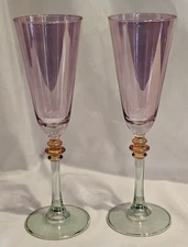 Lot of 2 Rare Pier 1 Champagne Flutes Purple Gold Green 6 oz Capacity 8.75" Tall