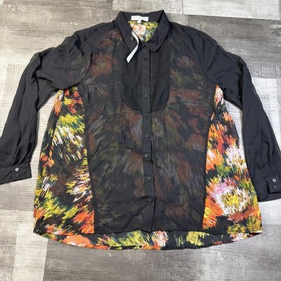 August Silk Options Womens L Black Sheer Floral Button Up Blouse NWT