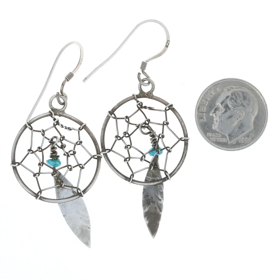 Brincos pendurados nativos americanos turquesa esterlina apanhador de sonhos - 925 penas - Imagem 3 de 4
