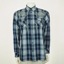 Roar Button Down Shirt Mens Medium Blue Plaid Blend Thriving Embroidered Celtic