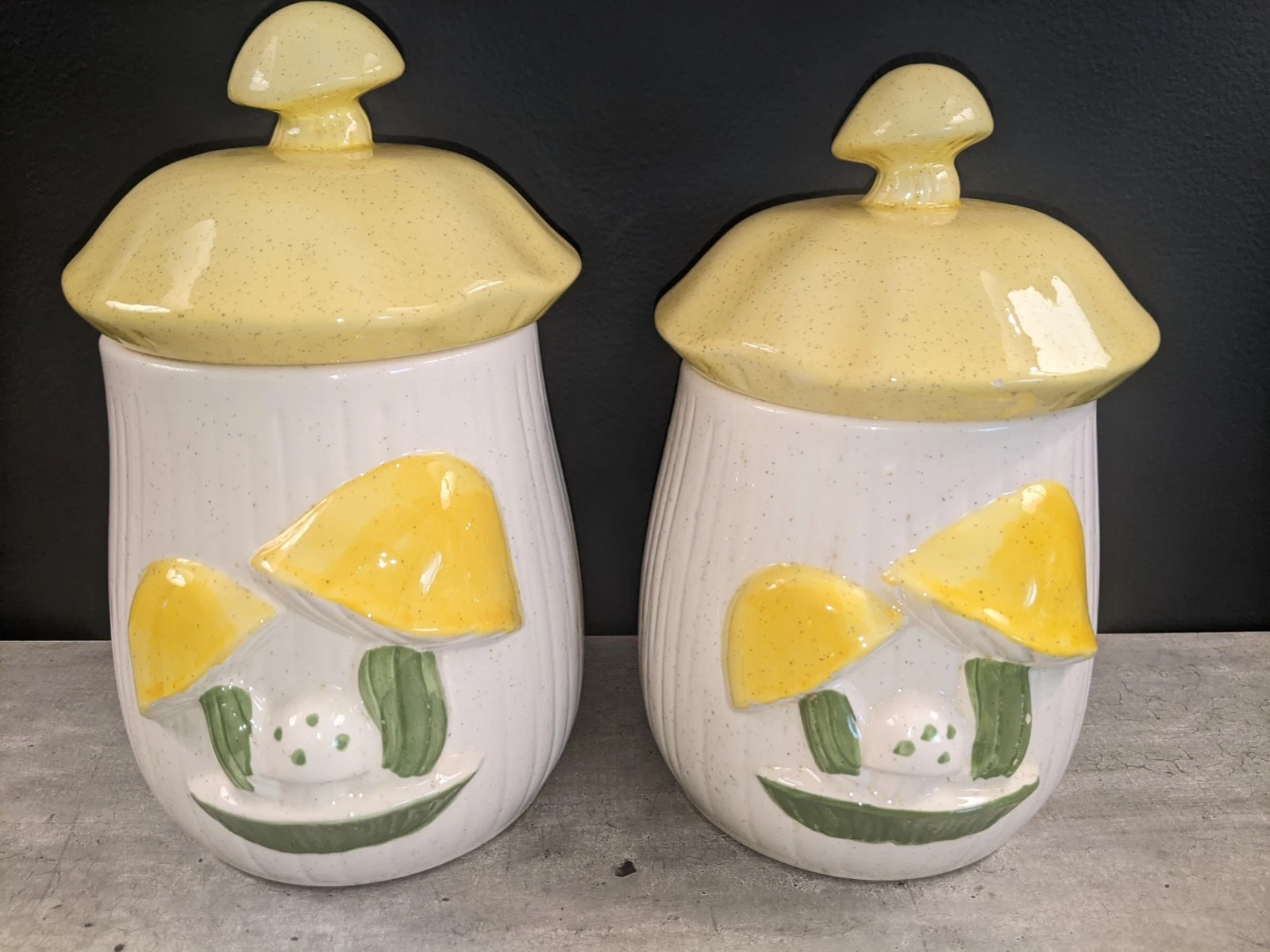 Vintage Pair of MUSHROOM Ceramic Canisters w/ Lids Yellow White 9" & 8" Tall