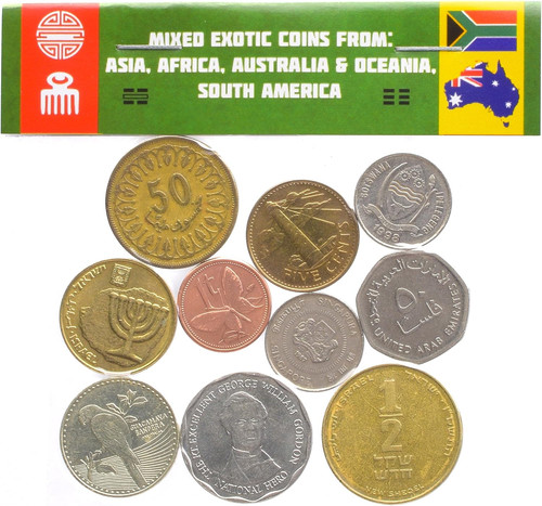 10 Exotic Coins from Asia, Middle East, Africa, Oceania, South America. Collecti