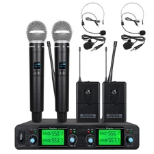 Wireless Microphone System 4 Channel UHF 2 Handheld 2 Headset 2 Lavalier School
