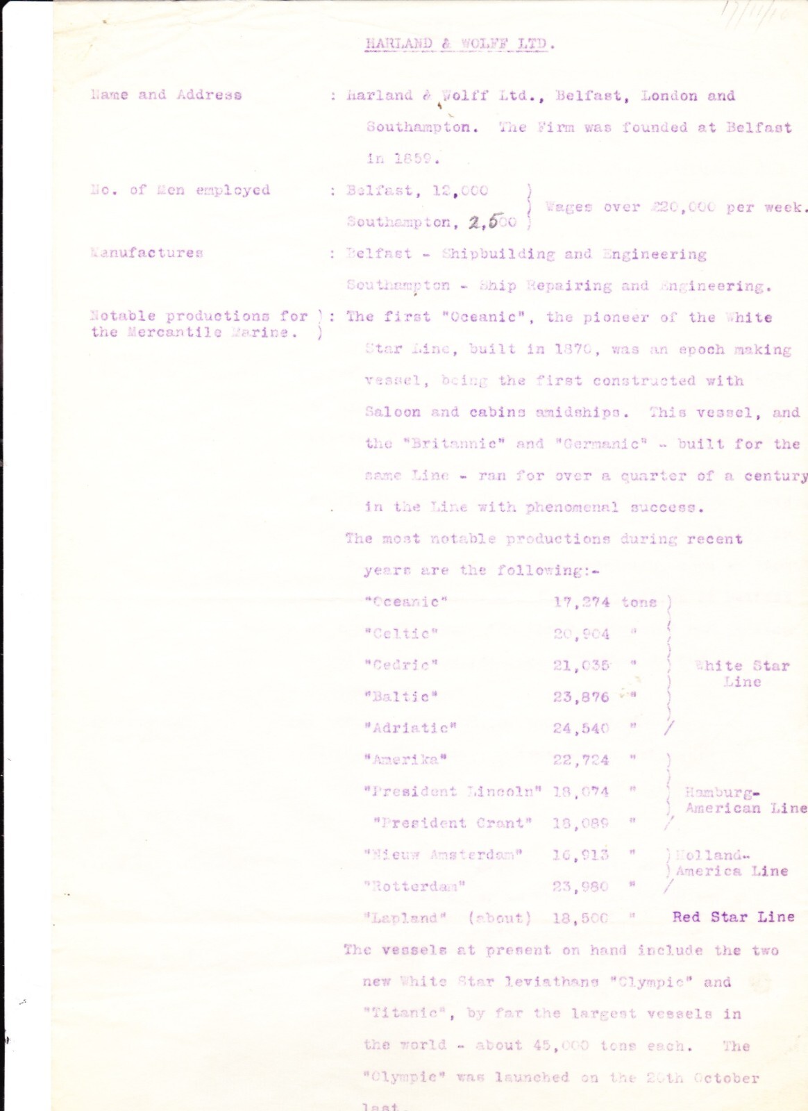 Genuine 1910 Harland & Wolff Typed Article about Titanic and Olympic