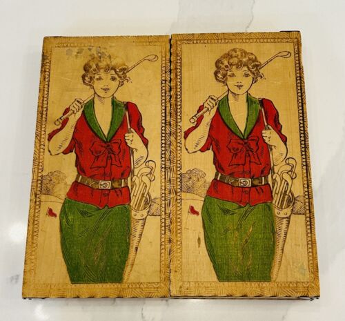 VTG Pyrography Scarf Glove Box: Post Victorian Era Lady Golfer; Golf Collectible - Picture 1 of 9